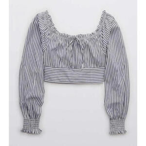 AIRIE Off-Shoulder Long Sleeve Gray Striped Crop Top Size XS NWT